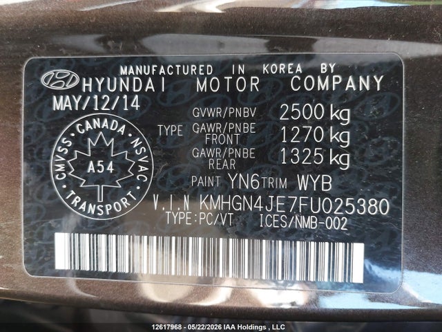 Aukcja sprzedaży 2015 Hyundai Genesis 3.8l, vin: KMHGN4JE7FU025380, numer aukcji: 12617968
