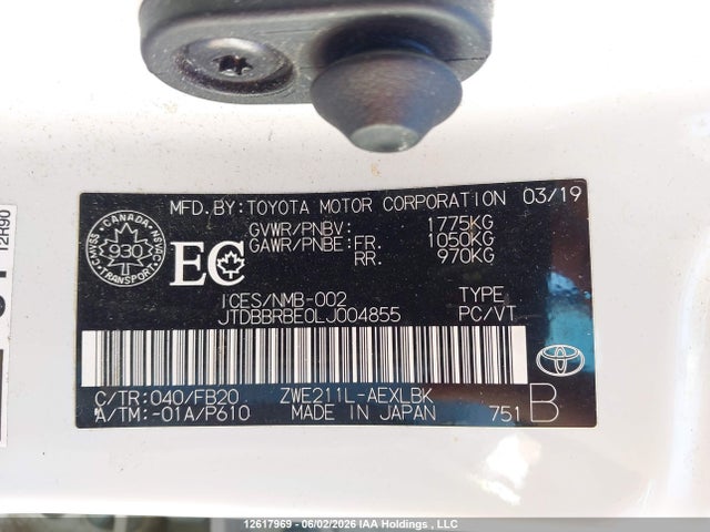JTDBBRBE0LJ004855 Toyota Corolla Hybrid