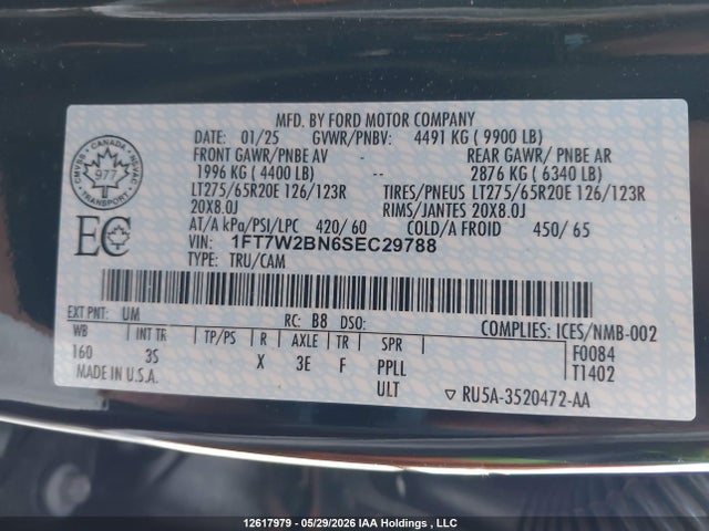 Продаж на аукціоні авто 2025 Ford F250 Super Duty, vin: 1FT7W2BN6SEC29788, номер лоту: 12617979