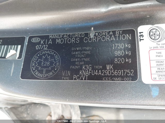 12617980 :رقم المزاد ، KNAFU4A29D5691752 vin ، 2013 Kia Forte Ex مزاد بيع