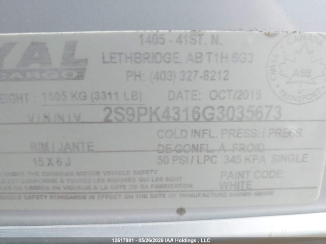 12617981 :رقم المزاد ، 2S9PK4316G3035673 vin ، 2016 Royal Cargo Lightning Enclosed مزاد بيع
