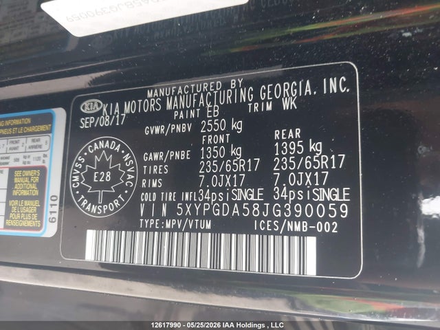 5XYPGDA58JG390059 KIA Sorento 3.3l Lx