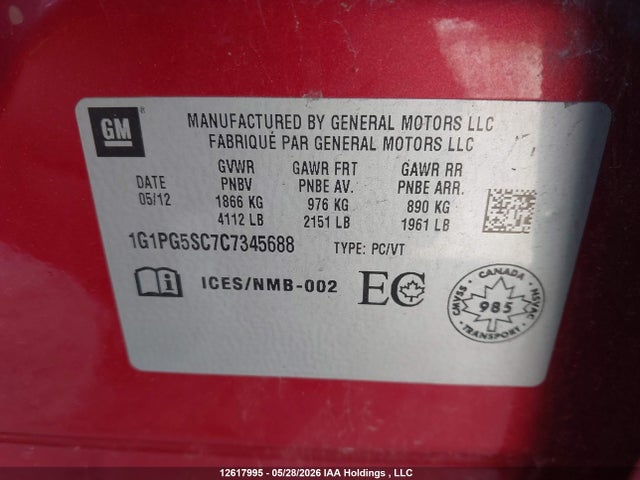 Продажа на аукционе авто 2012 Chevrolet Cruze, vin: 1G1PG5SC7C7345688, номер лота: 12617995