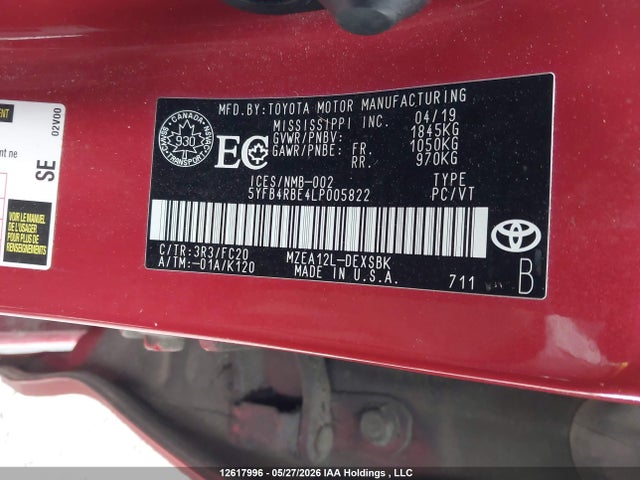 Aukcja sprzedaży 2020 Toyota Corolla Se, vin: 5YFB4RBE4LP005822, numer aukcji: 12617996