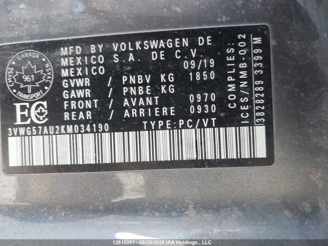 3VWG57AU2KM034190 Volkswagen GOLF S/SE