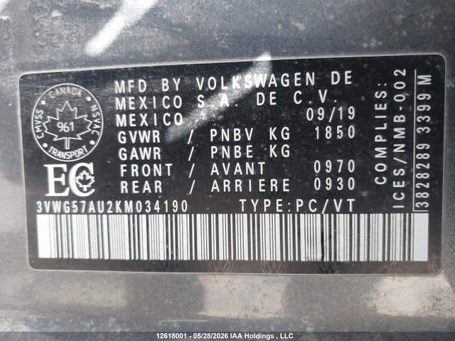 3VWG57AU2KM034190 Volkswagen GOLF S/SE