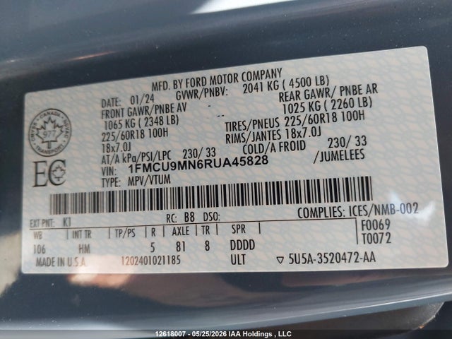 2024 Ford Escape მანქანა იყიდება აუქციონზე, vin: 1FMCU9MN6RUA45828, აუქციონის ნომერი: 12618007