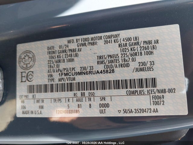 2024 Ford Escape მანქანა იყიდება აუქციონზე, vin: 1FMCU9MN6RUA45828, აუქციონის ნომერი: 12618007