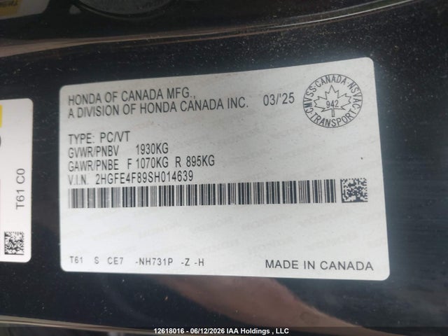 2025 Honda Civic Sport Hybrid/sport Touring Hybrid მანქანა იყიდება აუქციონზე, vin: 2HGFE4F89SH014639, აუქციონის ნომერი: 12618016