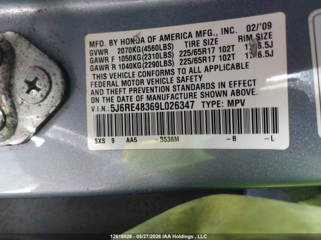 Продаж на аукціоні авто 2009 Honda Cr-v Lx, vin: 5J6RE48369L026347, номер лоту: 12618026