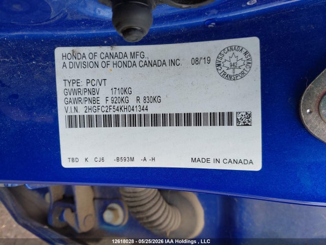 Honda Civic Lx 2019 2HGFC2F54KH041344 Image 9