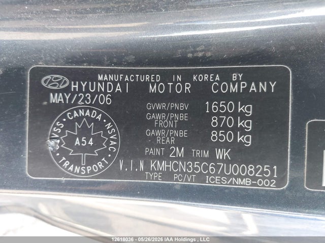 2007 Hyundai Accent Gs/sr მანქანა იყიდება აუქციონზე, vin: KMHCN35C67U008251, აუქციონის ნომერი: 12618036