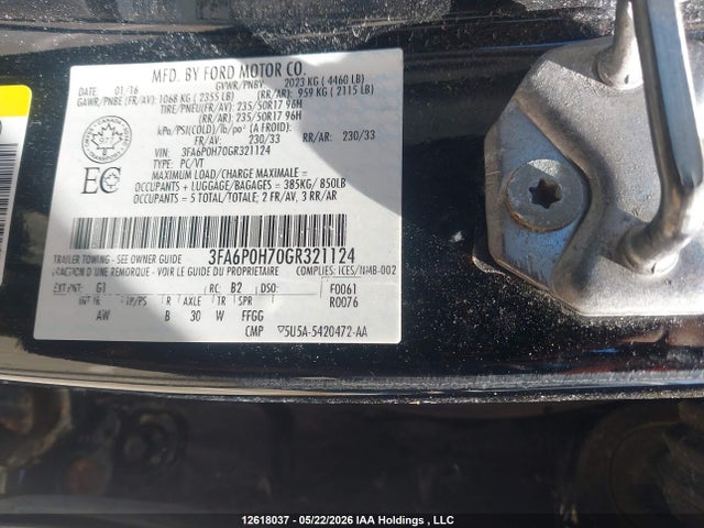 Ford FUSION SE 2016 3FA6P0H70GR321124 Image 9