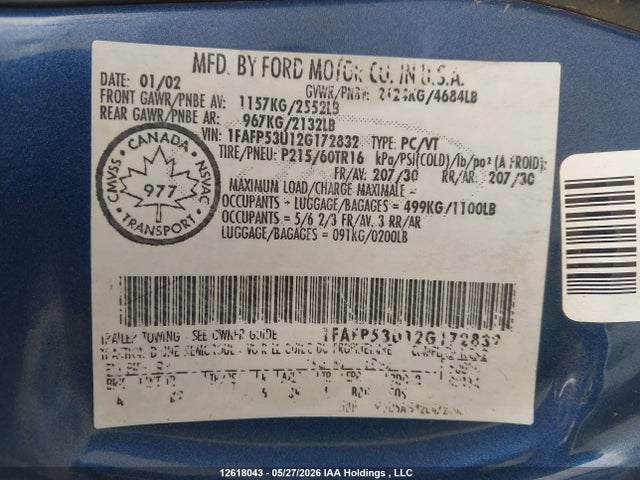 Продажа на аукционе авто 2002 Ford Taurus Se, vin: 1FAFP53U12G172832, номер лота: 12618043