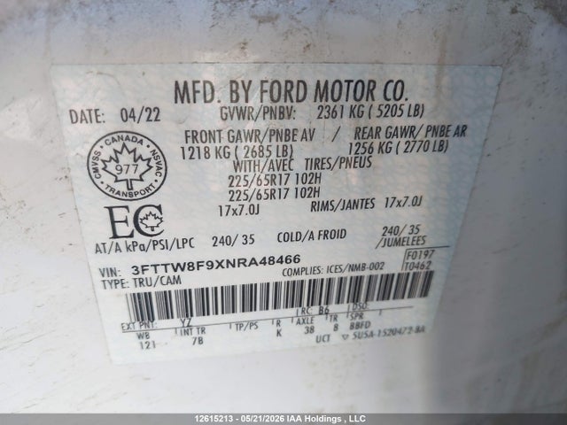 Продажа на аукционе авто 2022 Ford Maverick Xlt, vin: 3FTTW8F9XNRA48466, номер лота: 12615213