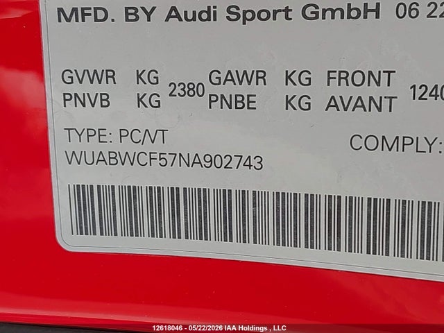 12618046 :رقم المزاد ، WUABWCF57NA902743 vin ، 2022 Audi Rs 5 2.9 مزاد بيع