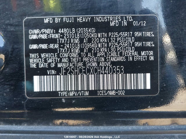 Продаж на аукціоні авто 2012 Subaru Forester Limited, vin: JF2SHCECXCH440353, номер лоту: 12618057