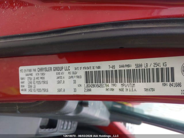 12618070 :رقم المزاد ، 1J8GN28KX9W551704 vin ، 2009 Jeep Liberty Sport مزاد بيع