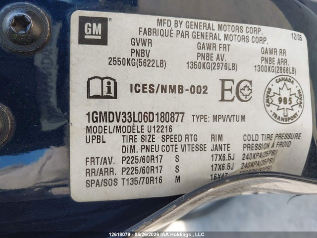 Aukcja sprzedaży 2006 Pontiac Montana Sv6 Sv6, vin: 1GMDV33L06D180877, numer aukcji: 12618079