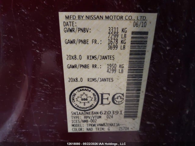 Aukcja sprzedaży 2010 Nissan Armada Platinum, vin: 5N1AA0NE8AN620391, numer aukcji: 12618080