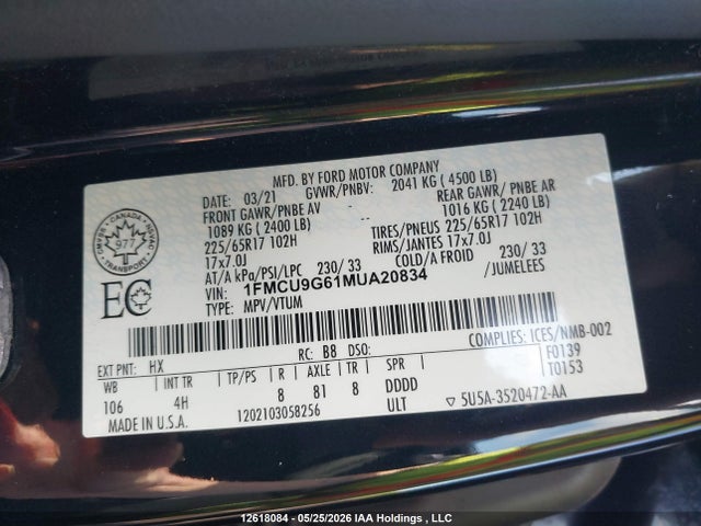 12618084 :رقم المزاد ، 1FMCU9G61MUA20834 vin ، 2021 Ford Escape Se مزاد بيع