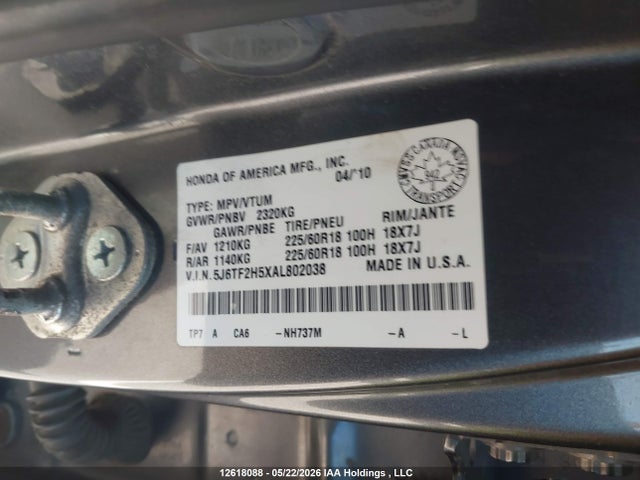 Auction sale of the 2010 Honda Accord Crosstour, vin: 5J6TF2H5XAL802038, lot number: 12618088