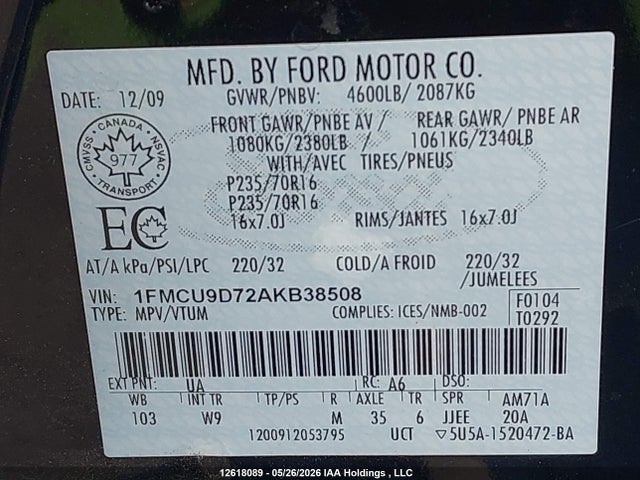 Aukcja sprzedaży 2010 Ford Escape Xlt, vin: 1FMCU9D72AKB38508, numer aukcji: 12618089