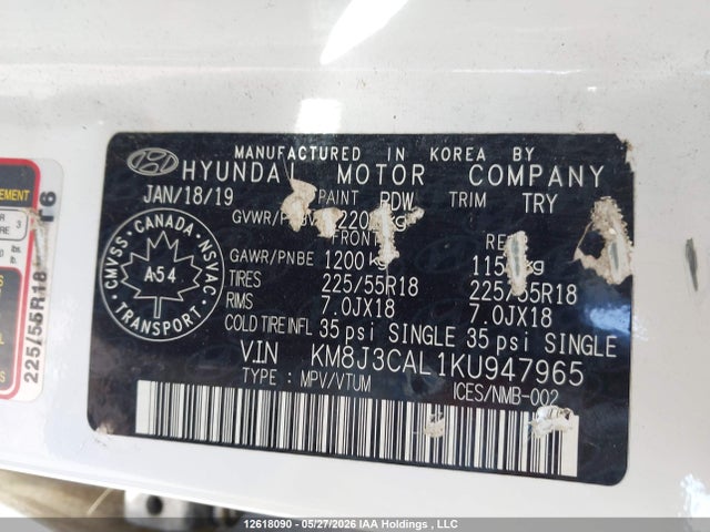 12618090 :رقم المزاد ، KM8J3CAL1KU947965 vin ، 2019 Hyundai Tucson Limited/sel/sport/ultimate/value/night مزاد بيع