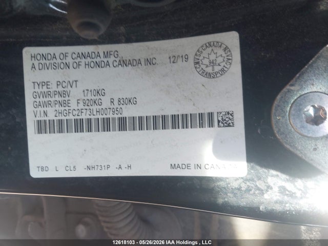 12618103 :رقم المزاد ، 2HGFC2F73LH007950 vin ، 2020 Honda Civic Ex مزاد بيع