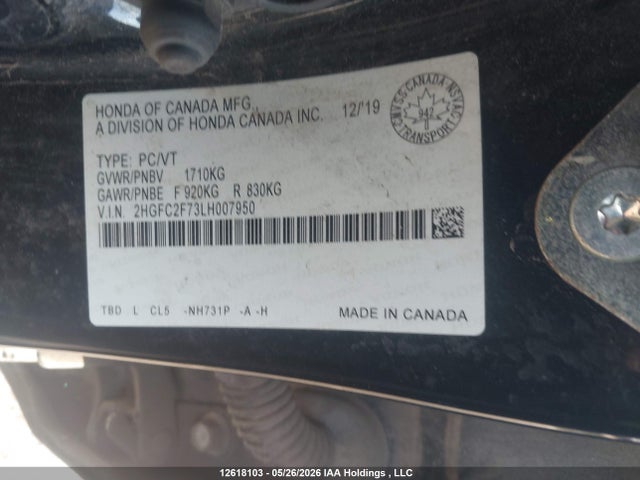 12618103 :رقم المزاد ، 2HGFC2F73LH007950 vin ، 2020 Honda Civic Ex مزاد بيع