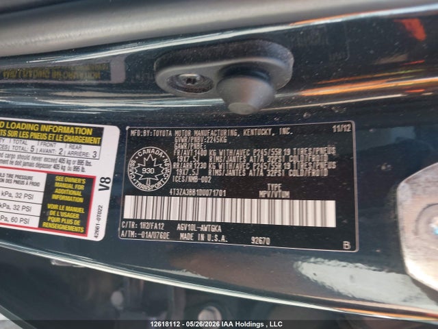 12618112 :رقم المزاد ، 4T3ZA3BB1DU071701 vin ، 2013 Toyota Venza Le/xle مزاد بيع