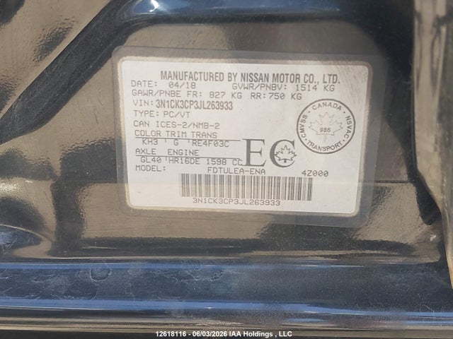 Aukcja sprzedaży 2018 Nissan Micra S/sr/sv, vin: 3N1CK3CP3JL263933, numer aukcji: 12618116