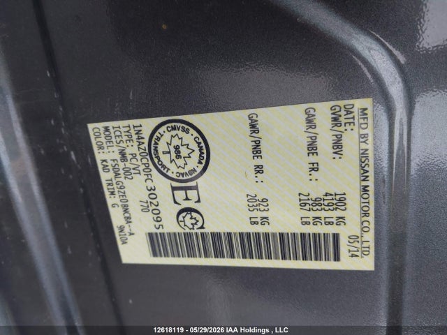 12618119 :رقم المزاد ، 1N4AZ0CP0FC302095 vin ، 2015 Nissan Leaf مزاد بيع