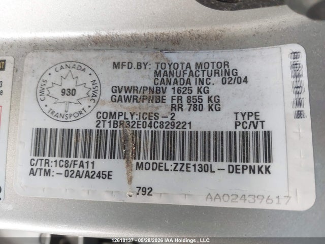 12618137 :رقم المزاد ، 2T1BR32E04C829221 vin ، 2004 Toyota Corolla Ce/le/s مزاد بيع