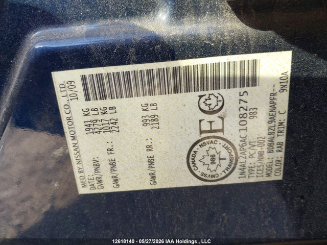 2010 Nissan Altima S მანქანა იყიდება აუქციონზე, vin: 1N4AL2AP6AC108275, აუქციონის ნომერი: 12618140