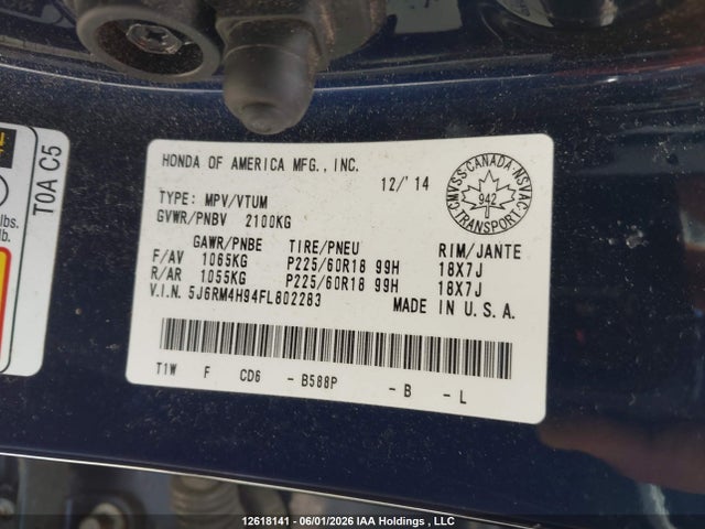 Продажа на аукционе авто 2015 Honda Cr-v Touring, vin: 5J6RM4H94FL802283, номер лота: 12618141