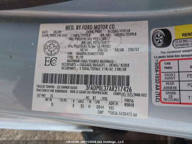 12618160 :رقم المزاد ، 3FADP0L37AR217426 vin ، 2010 Ford Fusion Hybrid Hybrid مزاد بيع