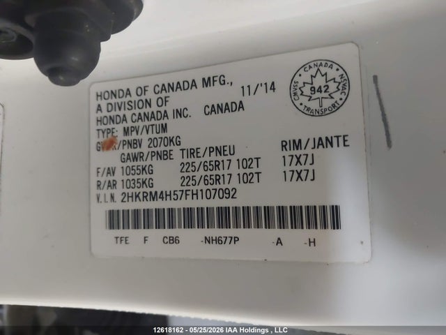 Продажа на аукционе авто 2015 Honda Cr-v, vin: 2HKRM4H57FH107092, номер лота: 12618162
