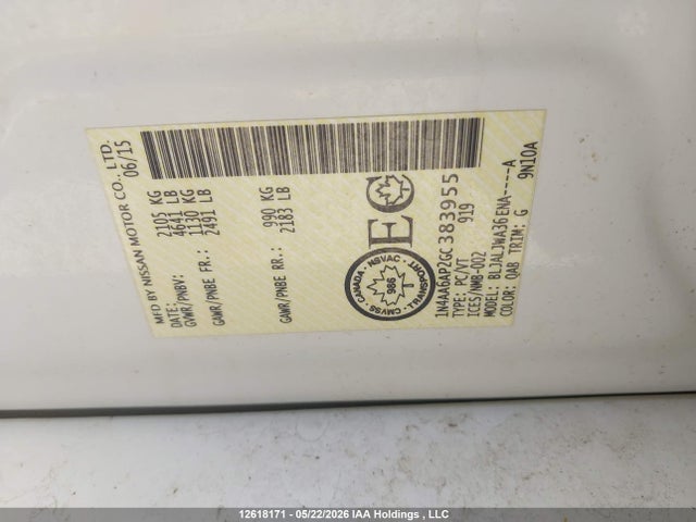 12618171 :رقم المزاد ، 1N4AA6AP2GC383955 vin ، 2016 Nissan Maxima Platinum/sl/sr/sv مزاد بيع