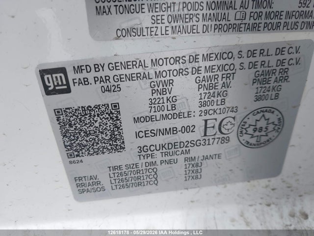 Aukcja sprzedaży 2025 Chevrolet Silverado K1500 Lt, vin: 3GCUKDED2SG317789, numer aukcji: 12618178