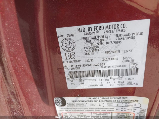 Продажа на аукционе авто 2010 Ford F150 Supercrew, vin: 1FTFW1EV5AFA20262, номер лота: 12618183