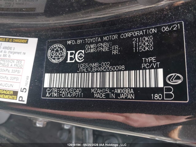 JTHL9JBHXM2050098 Lexus UX 250H