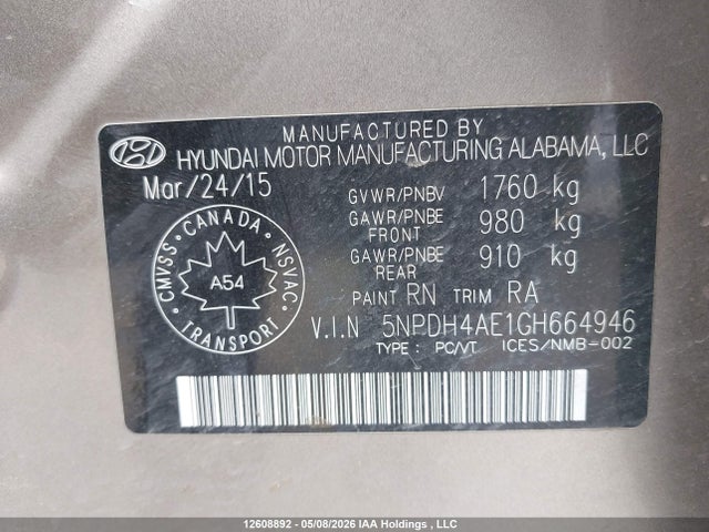 2016 Hyundai Elantra L+ მანქანა იყიდება აუქციონზე, vin: 5NPDH4AE1GH664946, აუქციონის ნომერი: 12608892