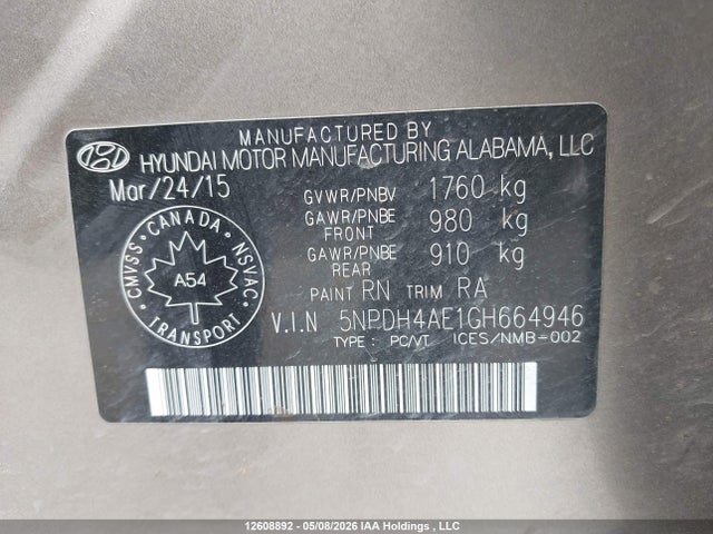 2016 Hyundai Elantra L+ მანქანა იყიდება აუქციონზე, vin: 5NPDH4AE1GH664946, აუქციონის ნომერი: 12608892