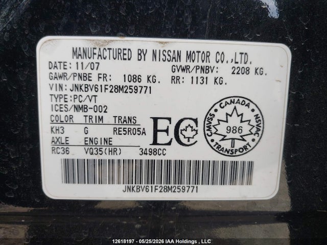 Aukcja sprzedaży 2008 Infiniti G35, vin: JNKBV61F28M259771, numer aukcji: 12618197