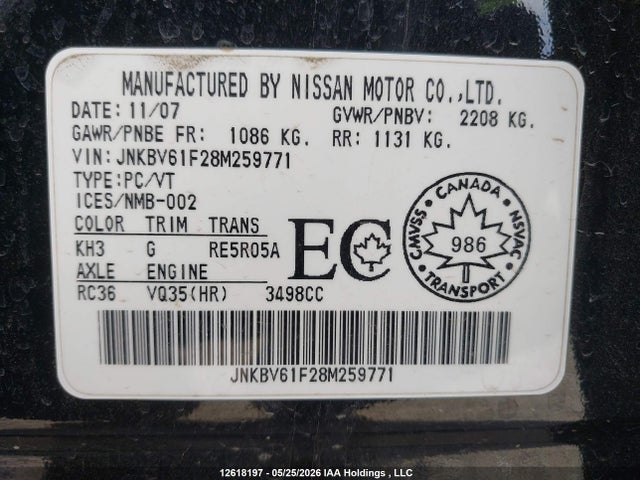 Aukcja sprzedaży 2008 Infiniti G35, vin: JNKBV61F28M259771, numer aukcji: 12618197