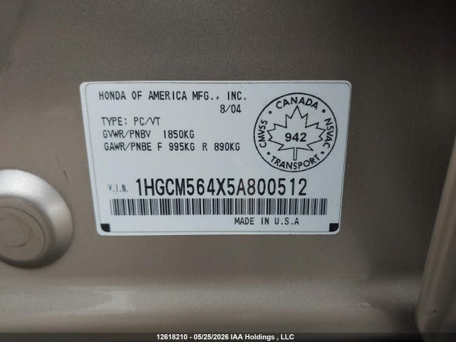 Продаж на аукціоні авто 2005 Honda Accord Lx-g, vin: 1HGCM564X5A800512, номер лоту: 12618210