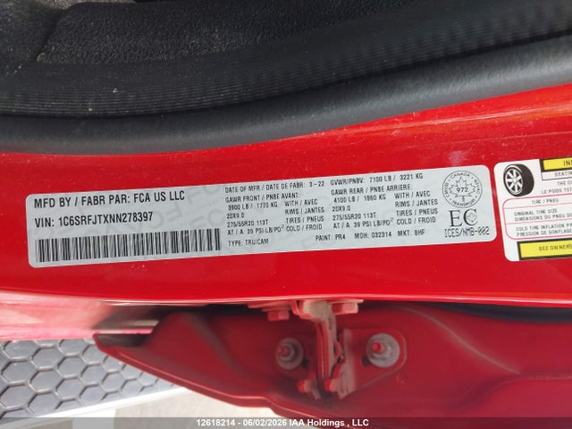 2022 Dodge Ram 1500 მანქანა იყიდება აუქციონზე, vin: 1C6SRFJTXNN278397, აუქციონის ნომერი: 12618214