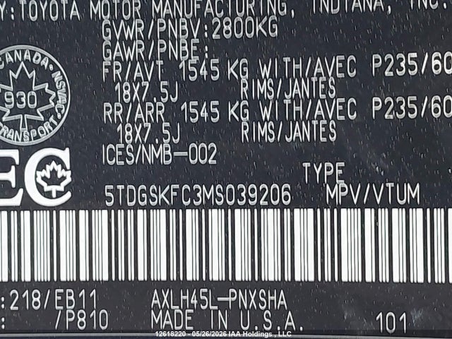 5TDGSKFC3MS039206 Toyota Sienna Xse 7-passenger