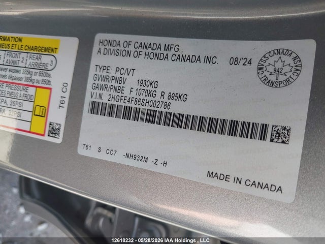 2HGFE4F86SH002786 Honda Civic Sport Hybrid/sport Touring Hybrid